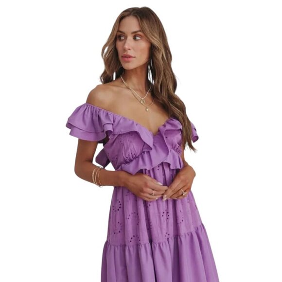 VICI Eyelet Tiered Ruffle Sleeve Women's Purple Maxi Dress Small - Picture 2 of 15